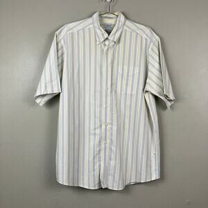 LL Bean Button Up Shirt Mens 16.5 Reg Blue Stripe Short Sleeve Wrinkle Resistant